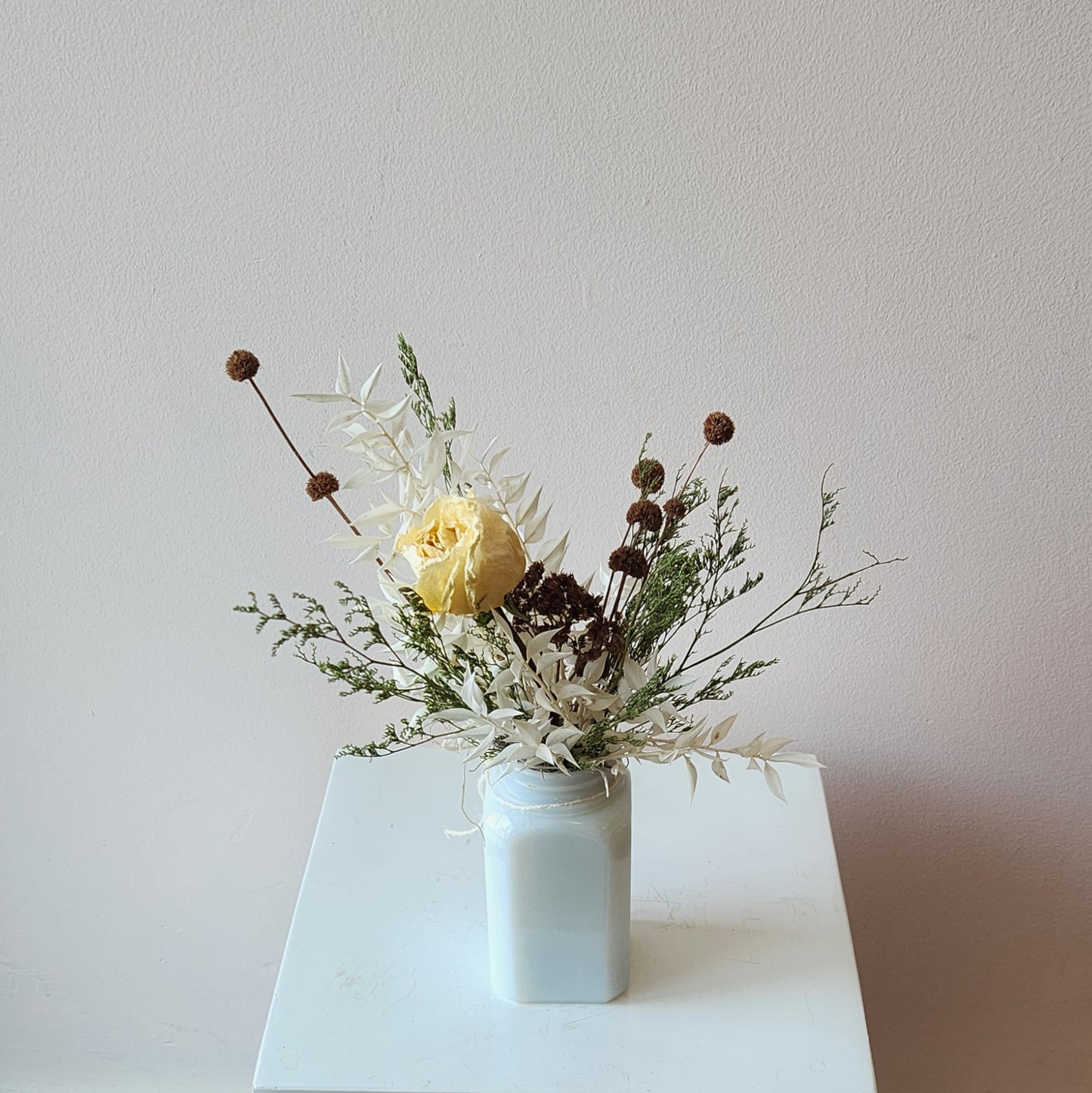 Small Dried Arrangement in Vintage White Glass