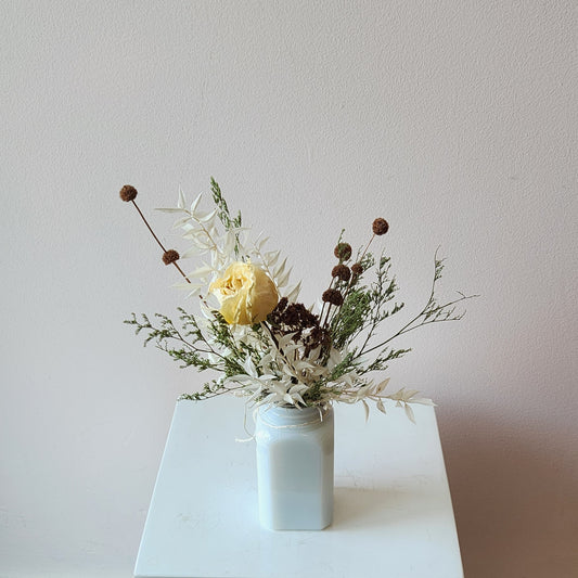 Small Dried Arrangement in Vintage White Glass