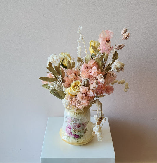 Vintage Floral Pitcher Dried Arrangement