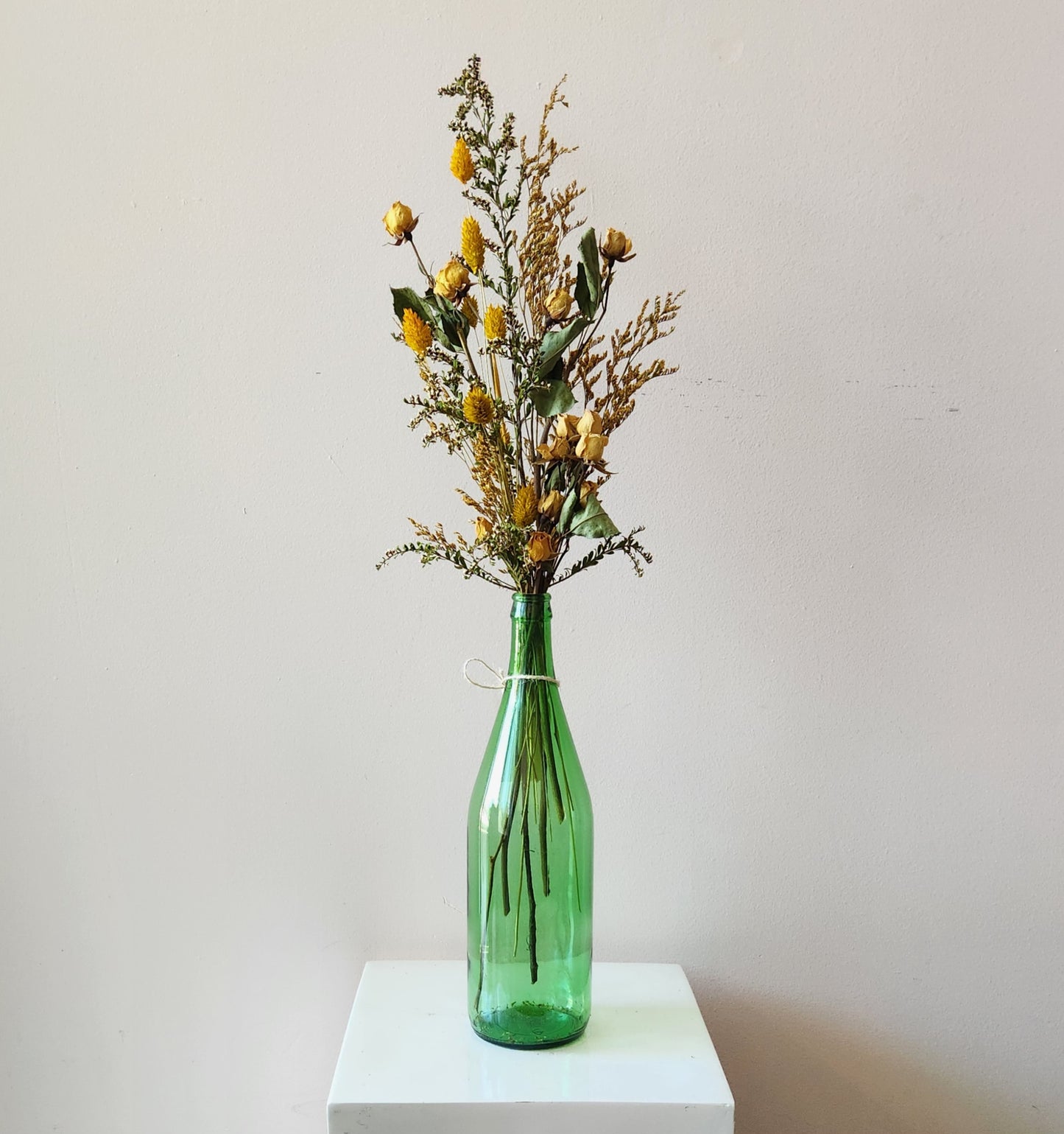 Green Glass Dried Bottle Arrangement